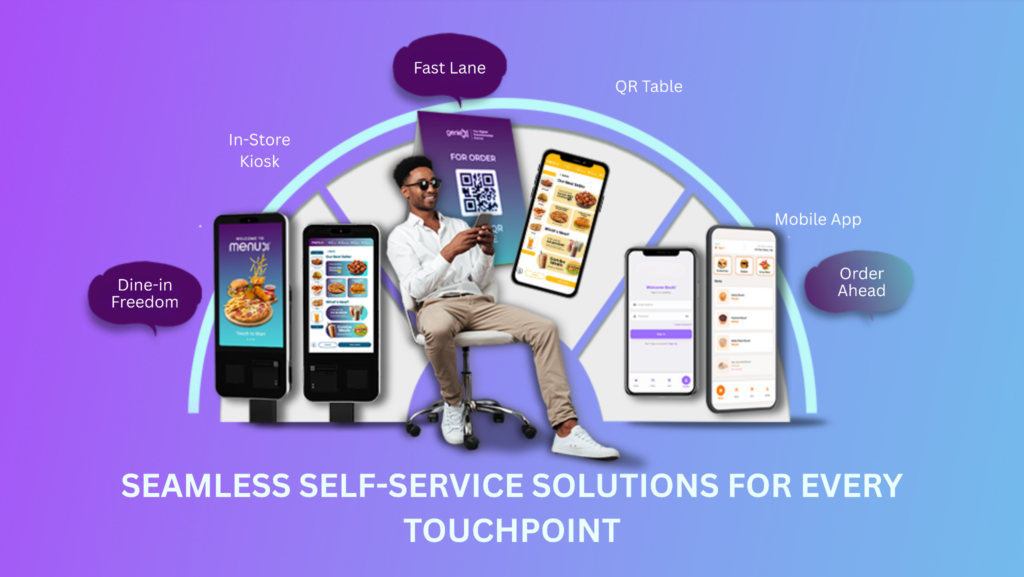MenuX offering self-service solutions such as self-service kiosk, mobile phone ordering and QR table ordering.